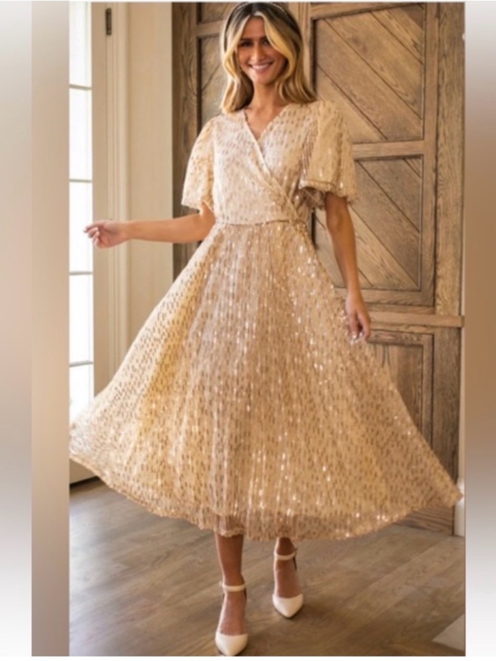 Ivy city co Goldie Sequin Wrap Midi Dress - Elegant Party Dress